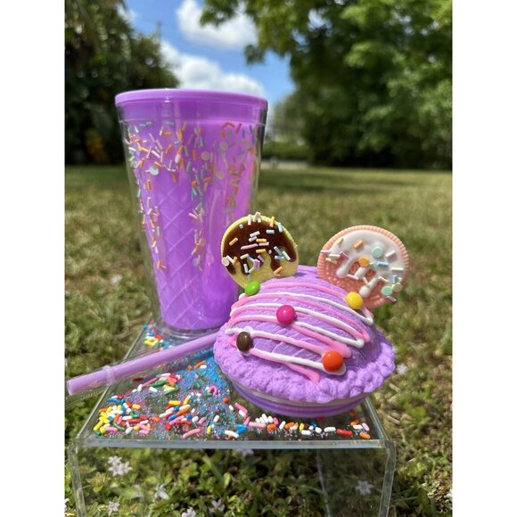 Purple 3D Cookie Ice Cream Sprinkle Cup 16oz Cold Beverage Straw & Lid Tumbler. - Picture 6 of 7